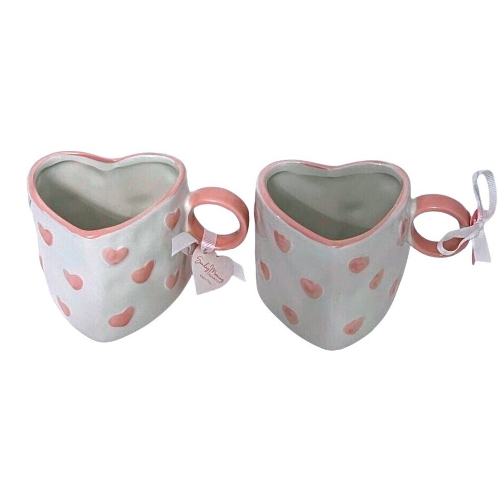 Heart Shaped Coffee Cups Pink White Shabby Chic Kitchen Ceramic Cups Set Two NWT